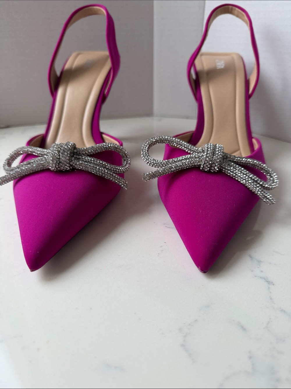 Zara Fuchsia Slingback Pointed Toe Heels with Crystal Bow size 11 - Picture 2 of 11